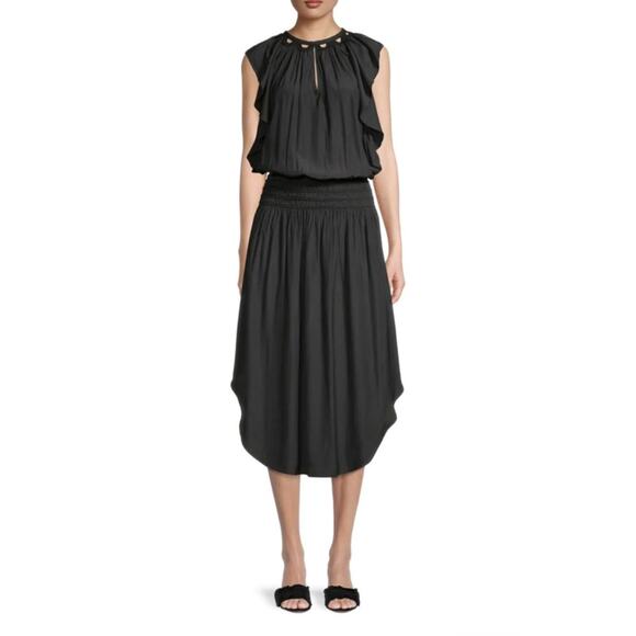 Ramy Brook Black Shirred Blouson Midi Dress Size Small - Picture 1 of 7